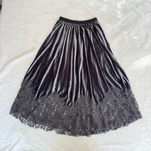 Elegant SALT Dark Grey Velvet Pleated MIDI Skirt with Hankerchief Lace Trim Hem